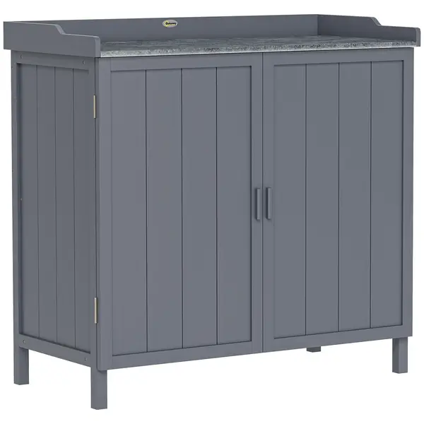 Outsunny Dulap pentru Exterior din Lemn de Brad cu Blat de Lucru din Metal Zincat si 2 Rafturi pentru Scule, 98x48x95.5 cm, Gri | Aosom Romania