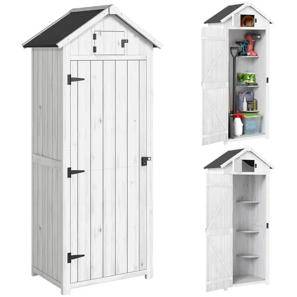Outsunny Dulap pentru grădină exterior din lemn, Adăpost pentru unelte, 3 rafturi, 2 uși cu cleme, 77x54x179cm, Gri deschis | Aosom Romania