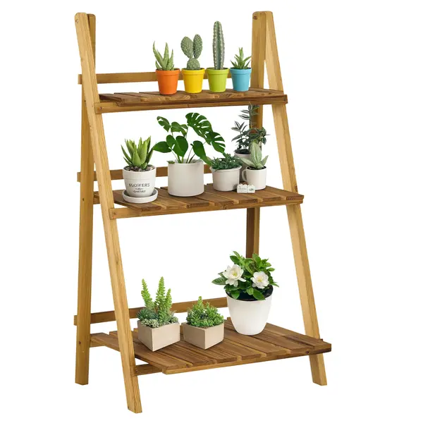 Outsunny Etajeră pentru plante în lemn formă piramidală, eșafodaj pliabil cu 3 rafturi 60 x 37 x 93 cm maro | Aosom Romania
