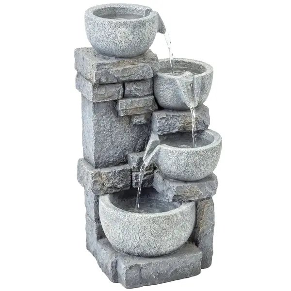 Outsunny Fântână de grădină Cascadă 4 niveluri Decorațiune efect piatră și cărămidă cu iluminare LED 28 x 25 x 54,5 cm Gri | Aosom Romania