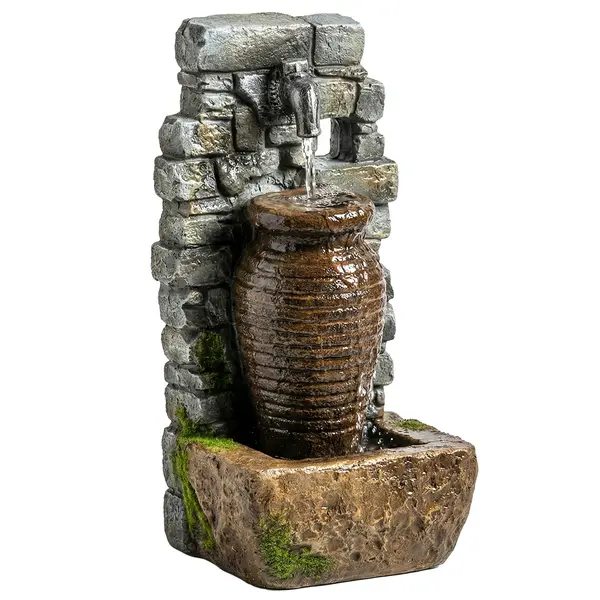 Outsunny Fântână de grădină cu debit de apă reglabil și zid de piatră rustic în 3 trepte, design ulcior | Aosom Romania