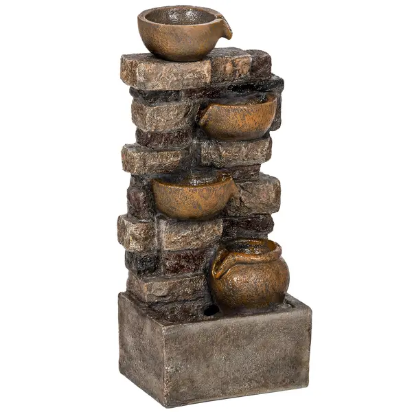 Outsunny Fântână de grădină cu iluminare LED pompă fântână decorativă în cascadă cu 5 niveluri flux reglabil maro rustic | Aosom Romania