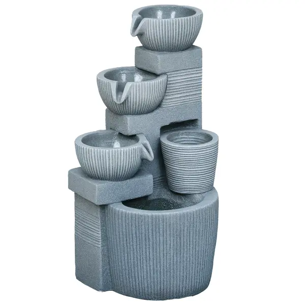 Outsunny Fântână de grădină în aspect natural, cu 4 trepte, alimentată de energie solară, LED-uri, 57 cm înălțime, Gri închis | Aosom Romania