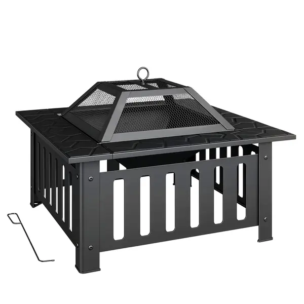 Outsunny Focar Exterior Pătrat din Oțel 67x67x47 cm Focar de Grădină cu Atizor Capacul din Plasă pentru Petreceri Negru | Aosom Romania