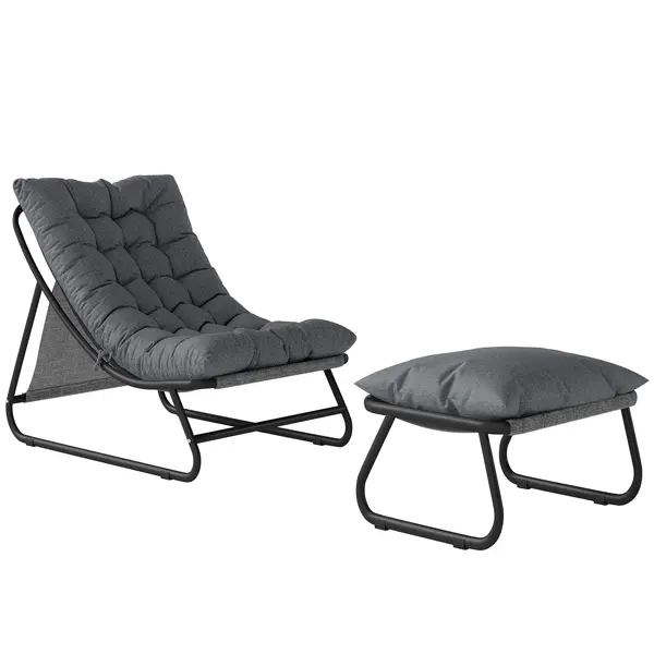 Outsunny Fotoliu lounge outdoor pentru balcon cu taburet, pernă de 13 cm, picioare antiderapante, gri închis | Aosom Romania