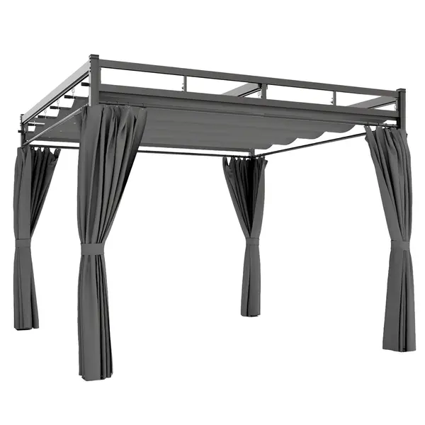 Outsunny Gazebo Pergolă 3x3 m cu Acoperiș Retractabil Glisant, 4 Pereți Laterali, Orificii de Drenare, Pergolă de Grădină din Poliester și Oțel, pentru Terasă, Curte, Exterior, UV30+, Gri Închis | Aosom Romania