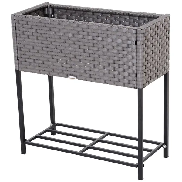 Outsunny Ghiveci pentru Flori din Ratan Sintetic cu Raft din Metal Decorativ 70x30x72 cm Gri | Aosom Romania