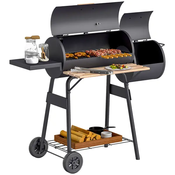 Outsunny Gratar de gradina cu capac si afumator, gratar pe carbune cu rafturi si roti 124x53x104cm, negru | AOSOM RO