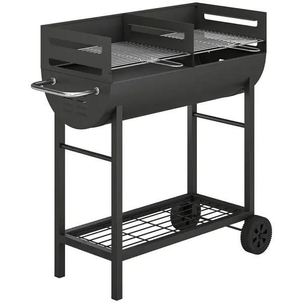 Outsunny Grătar pe cărbune cărucior cu 2 zone de gătit grilă reglabilă pe înălțime raft pentru lemne roți mâner lateral, 103 x 46,5 x 100cm | Aosom Romania