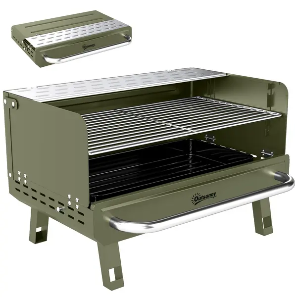 Outsunny Grătar pe Cărbune Pliabil 52x37x31,8 cm cu Grilă Reglabilă Raft Lateral Pliabil și Tavă Detașabilă Verde | Aosom Romania
