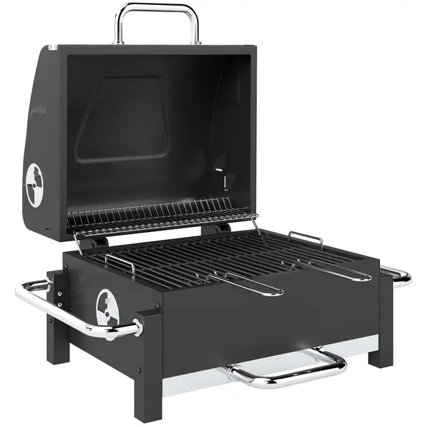 Outsunny Grătar Pe Cărbuni cu Orificii de Ventilație, Sertar pentru Cenușă, Grătar Portabil cu Termometru, Grătare, Capac, Mâner din Oțel Inoxidabil, BBQ pe Cărbuni pentru Grădină Camping, Negru | Aosom Romania