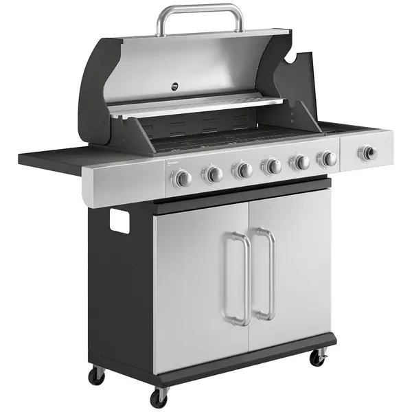 Outsunny Grătar pe Gaz, 6 Arzătoare, Arzător Lateral, Grilaj din Fontă, Dulap Inclus | Aosom Romania