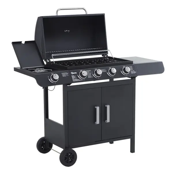 Outsunny Gratar pe Gaz cu 5 Arzatoare Rafturi Laterale si Dulap Inferior cu Usa, Gratar de Gradina cu Roti din Otel si PP, 125x51x100 cm, Negru