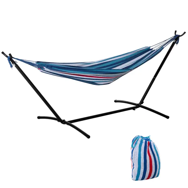Outsunny Hamac cu Suport 310x117cm pentru Camping cu Înălțime Reglabilă și Geantă de Transport, Capacitate 120 kg, Dungi Albastre și Albe | Aosom Romania