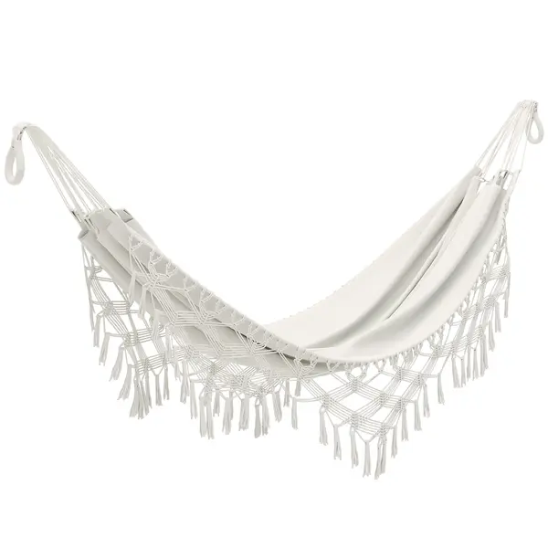 Outsunny Hamac Exterior Boem, Hamac de grădină Suspendat cu Franjuri și Sac de Transport extra-larg 288 x 150 cm, Bej | Aosom Romania