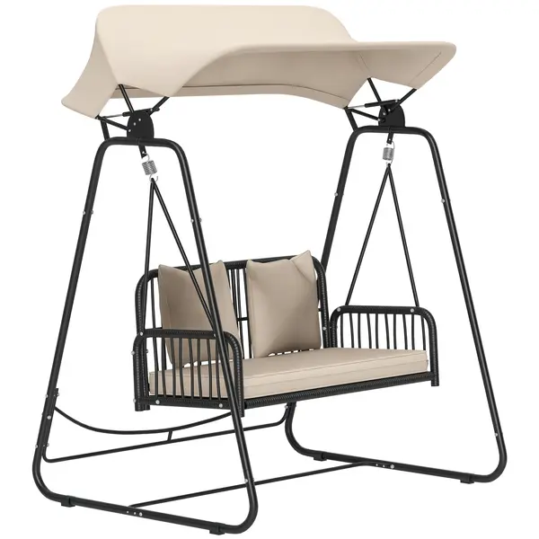 Outsunny Hollywoodschaukel din ratan pentru 2 persoane, cu acoperiș reglabil, perne, cu o capacitate de încărcare de până la 240 kg, 149 x 121 x 180 cm, kaki | Aosom Romania