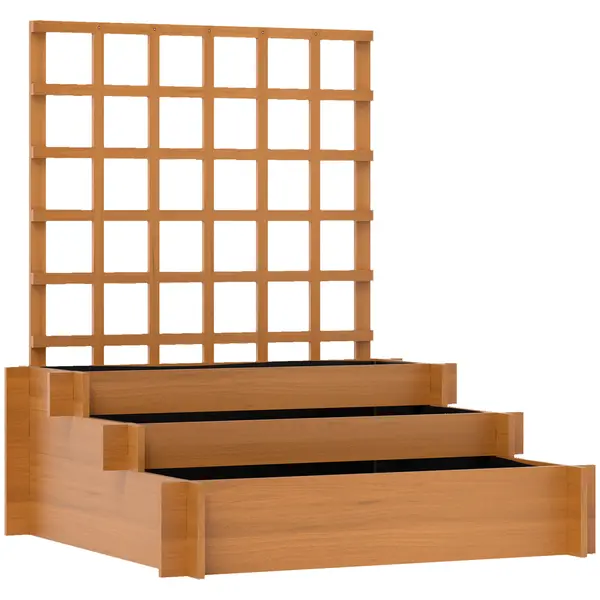 Outsunny Jardinieră cu 3 Niveluri și Grilaj pentru Plante Cățărătoare, Straturi Ridicate din Lemn, 95x95x110cm, Natural | Aosom Romania