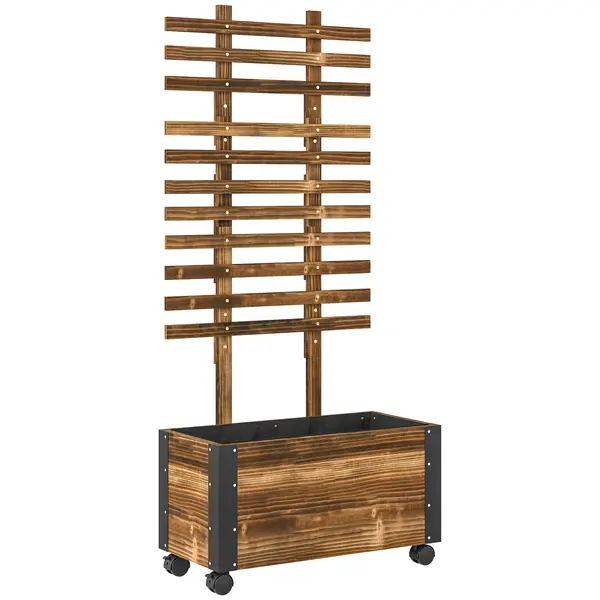 Outsunny Jardiniera cu Spalier pentru Plante Agatatoare si Roti, Jardiniera din Lemn de Brad cu Design Autodrenant, 65x31x147 cm, Maro Carbonizat