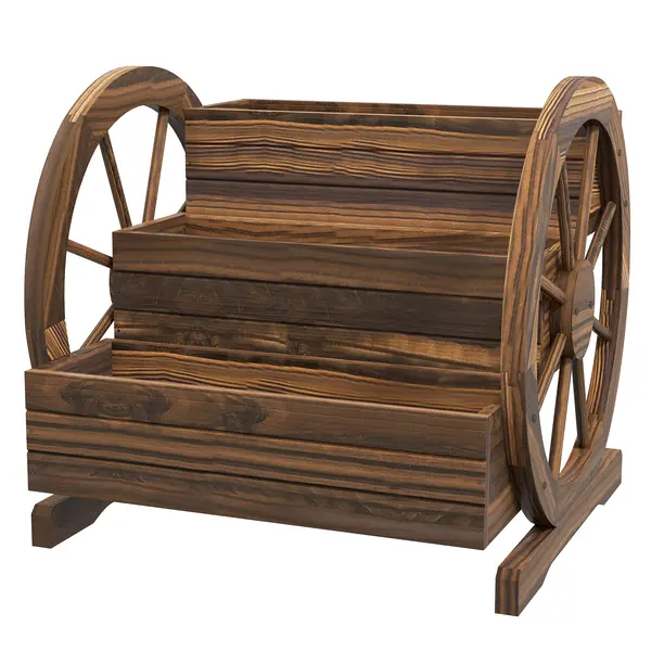 Outsunny Jardinieră de Exterior cu 3 Niveluri și Roți Decorative, din Lemn de Brad cu Orificii de Drenaj, pentru Legume și Flori, pentru Balcon sau Terasă, 62x61x57 cm, Carbonizat | Aosom Romania