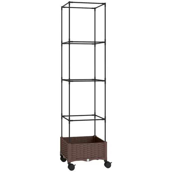 Outsunny Jardinieră Înălțată cu Spalier 20L, Pat de Grădină Înălțat pentru Exterior cu Roți Blocabile, Sistem de Autoirigare, Orificii de Drenaj pentru Plante Cățărătoare, Legume și Flori, Maro | Aosom Romania