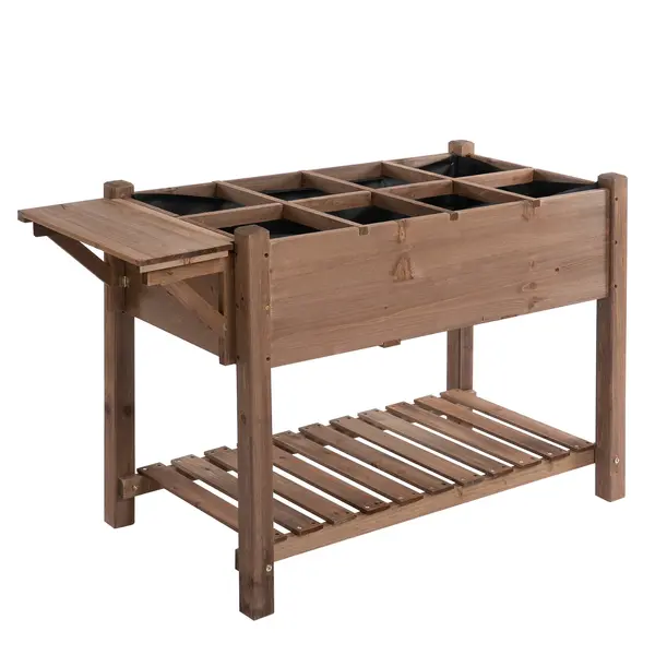 Outsunny Jardinieră Supraînălțată din Lemn | Grădinărit cu Raft Pliabil și Spațiu de Depozitare | 123x54x74 cm Maro | Aosom Romania