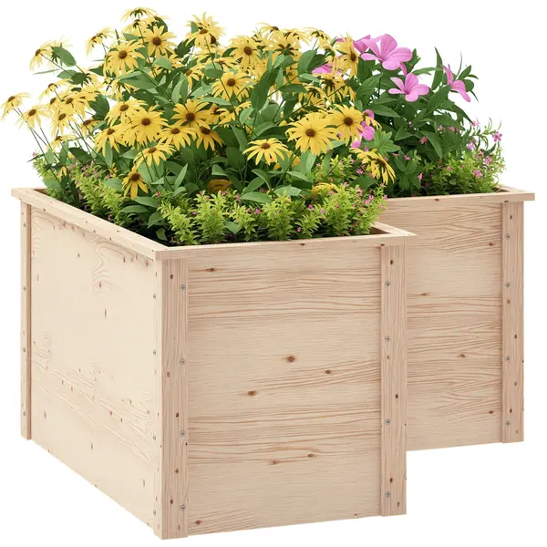 Outsunny Jardinière în formă de L, pat de grădină ridicat, ghiveci de flori cu fund deschis, din lemn 120 x 120 x 62 cm, lemn natural | Aosom Romania