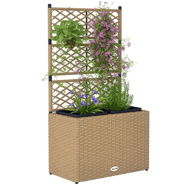 Outsunny Jardiniieră pentru plante cu trei băci în rășină împletită și oțel 57 x 30 x 107 cm nisip | Aosom Romania