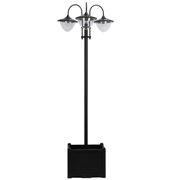 Outsunny Lampadar de grădină Solar LED cu 3 Capete și Jardinieră Integrată, Negru, pentru Grădină și Terasă | Aosom Romania