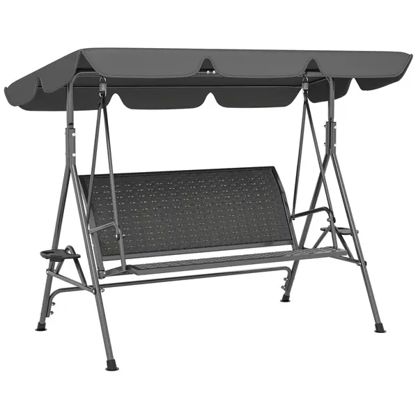 Outsunny Leagăn de Grădină 3 Locuri din Ratan PE cu Acoperiș Reglabil și Suporturi pentru Pahare, Leagăn de Exterior cu Cadru din Oțel, Capacitate 320 kg, 204x112x150 cm, Gri | Aosom Romania