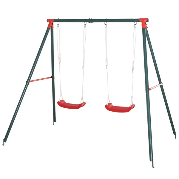 Outsunny Leagăn Dublu pentru Copii 3+ Ani cu Structură din Metal, Leagăn de Grădină cu Coardă Reglabilă, Joc de Exterior, Max 45 kg, 239x156x180 cm, Verde și Roșu | Aosom Romania