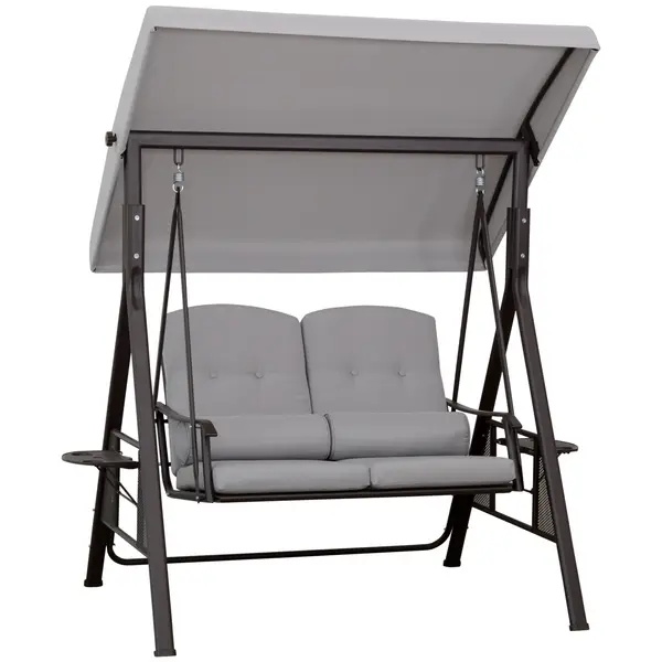 Outsunny leagăn Hollywood 2 locuri pentru grădină cu acoperiș, pernă și tăviță, metal, poliester, gri, 162 x 118 x 173 cm | Aosom Romania