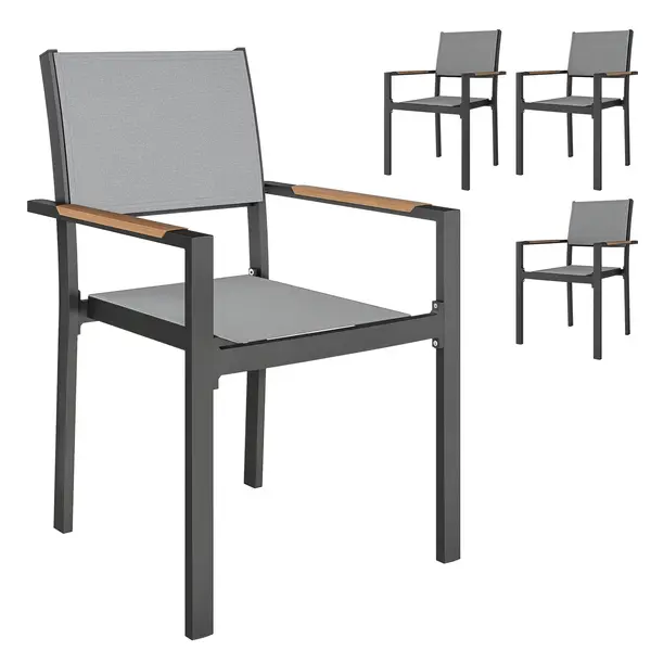Outsunny Lot de 4 scaune de grădină, scaune de masă cu brațe efect de lemn cadru din aluminiu, gri deschis | Aosom Romania