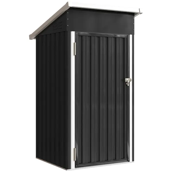 Outsunny Magazie de Grădină 0,74m² din Oțel Galvanizat cu Guri de Aerisire, Magazie cu Ușă Blocabilă, Acoperiș Înclinat, Mănuși, Depozitare Unelte, 107,5x91x185 cm, Gri Închis | Aosom Romania