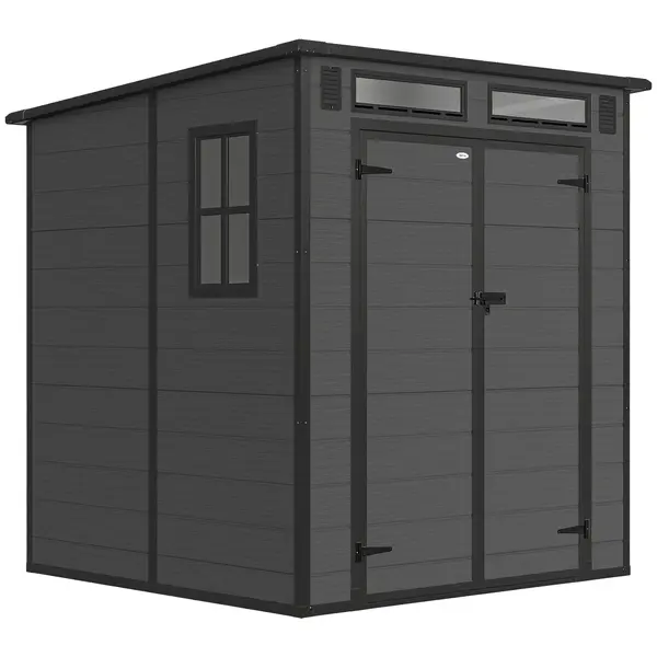 Outsunny Magazie de Grădină 2.89m² din PP și Aluminiu cu Podea, Depozit Grădină cu Uși Duble cu Încuietoare, Aerisiri, 3 Ferestre, Acoperiș Înclinat, Mănuși, Gri Închis | Aosom Romania