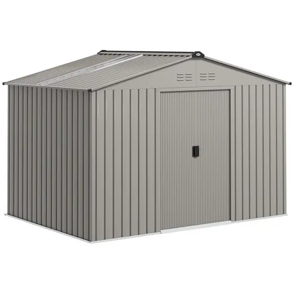 Outsunny Magazie de Grădină 4,9 m² 277x195x192 cm cu 2 Uși Culisante, Acoperiș Înclinat și 4 Grile de Ventilație, Gri Argintiu | Aosom Romania
