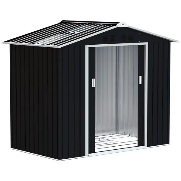Outsunny Magazie de grădină metalică 2,77 m², 213 x 130 x 185 cm cu fundație, uși culisante, gri închis | Aosom Romania