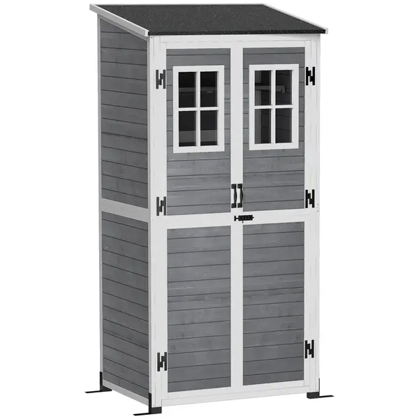 Outsunny Magazie pentru depozitare în grădină, magazie pentru unelte cu 2 ferestre, țăruși pentru ancorare, acoperiș din asfalt, 91 x 69 x 192 cm, lemn de brad, Gri deschis | Aosom Romania