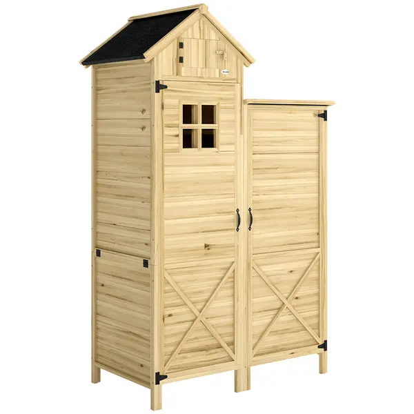 Outsunny Magazie pentru Unelte cu 2 Zone, Rafturi Reglabile și Fereastră, din Lemn de Brad, 106x57x167 cm, Culoare Naturală | Aosom Romania