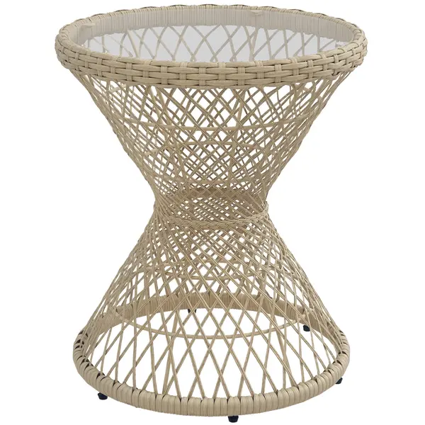 Outsunny Masă de cafea Boho design, placă de sticlă, PE-Rattan, 45 cm x 45 cm x 52 cm, Natural | Aosom Romania