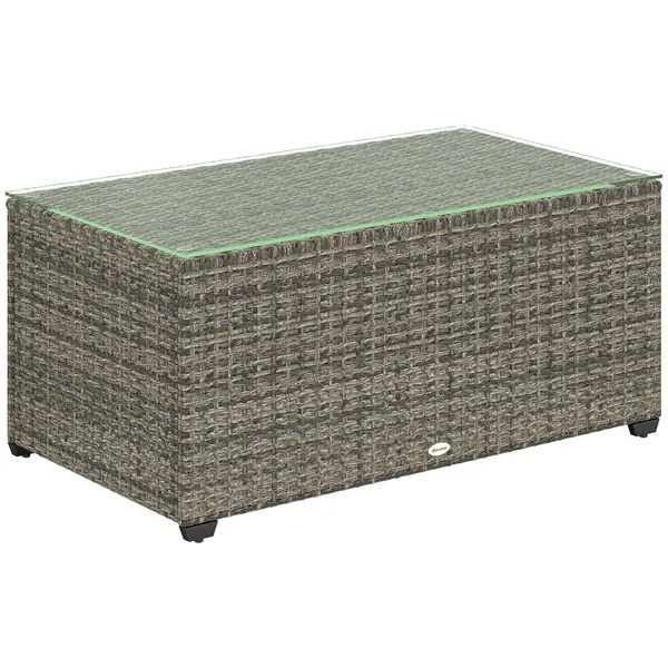 Outsunny Masă de cafea pentru grădină, masă auxiliară din rășină împletită cu blat din sticlă securizată, 90 x 50 x 38 cm, gri închis | Aosom Romania