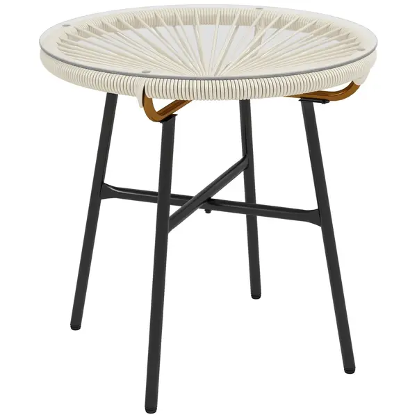 Outsunny Masă de cafea rotundă de grădină din rășină imitație rotin metal și blat sticlă temperată Ø 50 x 50 cm crem | Aosom Romania