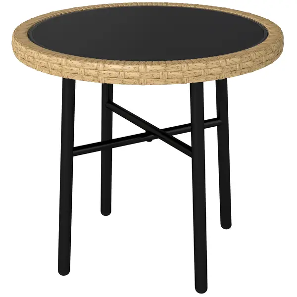 Outsunny Masă de Cafea Rotundă de Grădină, Masă Auxiliară Exterioară din Rășină Împletită și Blat din Sticlă Securizată, 46x46x43cm, Natural | Aosom Romania