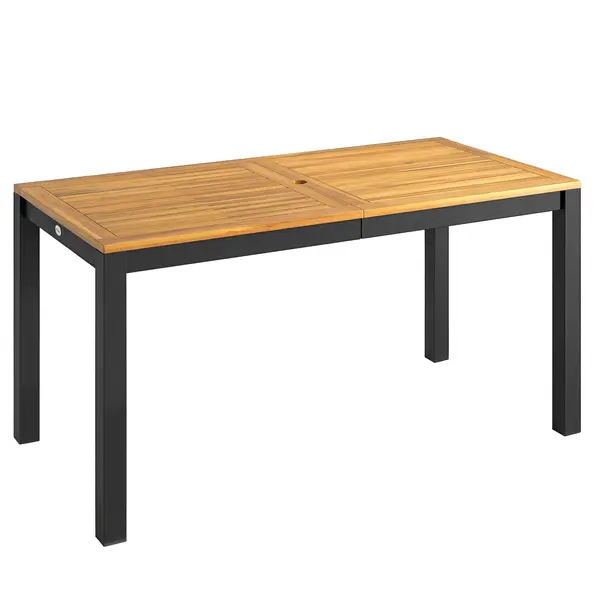 Outsunny Masă de grădină din lemn pentru 6 persoane cu suprafață din șipci, orificiu 150x75x75 cm, natural | Aosom Romania