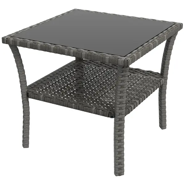 Outsunny Masă de grădină din polyrattan, 50 x 50 x 45 cm, măsuță rezistentă la intemperii pentru 4 persoane, pătrată cu raft și blat din sticlă | Aosom Romania