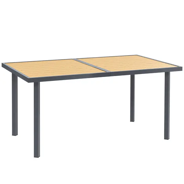 Outsunny Masă de luat masa pentru grădină pentru 6 persoane, masă de grădină cu blat din oțel cu aspect de lemn, 150 x 90 x 72 cm, lemn natural | Aosom Romania
