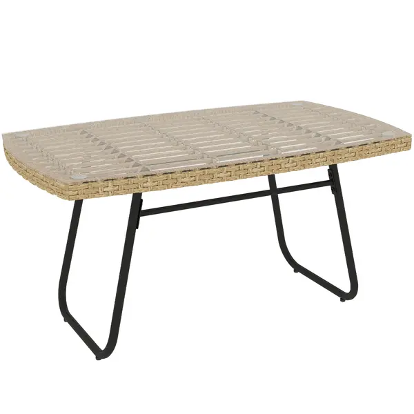Outsunny Masă polyratan pentru grădină, 90 x 50 x 45 cm, rezistentă la UV, măsuță laterală cu blat de sticlă Lemn natural | Aosom Romania