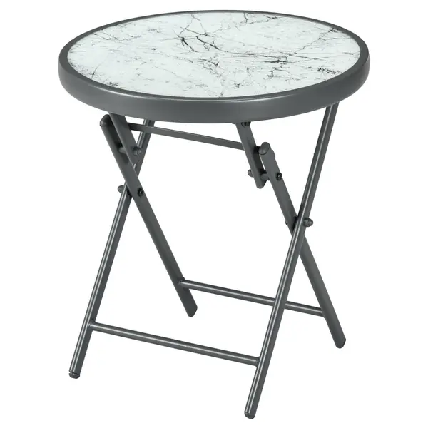 Outsunny Masă Rotundă Pliabilă cu Blat din Sticlă din Imitație de Marmură, Măsuță Mică de Cafea pentru Exterior, Φ45x50 cm, Alb | Aosom Romania