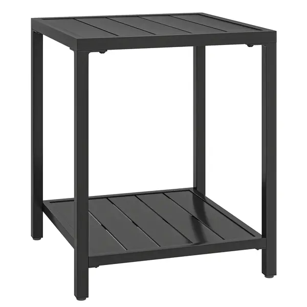 Outsunny Măsuță laterală 45 x 45 cm, rezistentă la intemperii, masă de grădină cu design cu lamele, raft, picioare reglabile, suport 30 kg | Aosom Romania