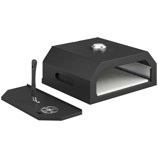 Outsunny Mini Cuptor pentru Pizza din Metal cu Piatră din Cordierit și Termometru Integrat, 53x40x18,5 cm, Negru | Aosom Romania