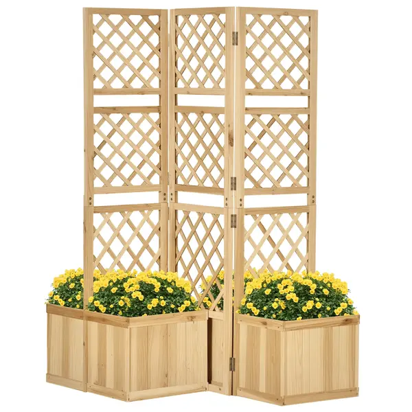 Outsunny Paravan pentru Grădină, triplu pliabil, 4 ghivece de flori, lemn masiv, culoare naturală, 133 x 62 x 165 cm | Aosom Romania